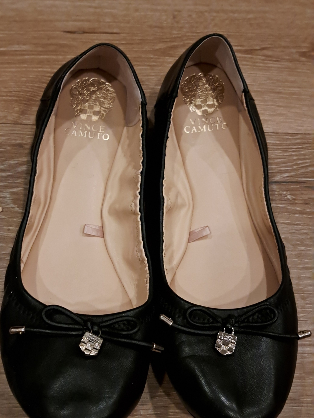 Vince Camuto Black Leather Ballet Flats with Bow & Logo Charm